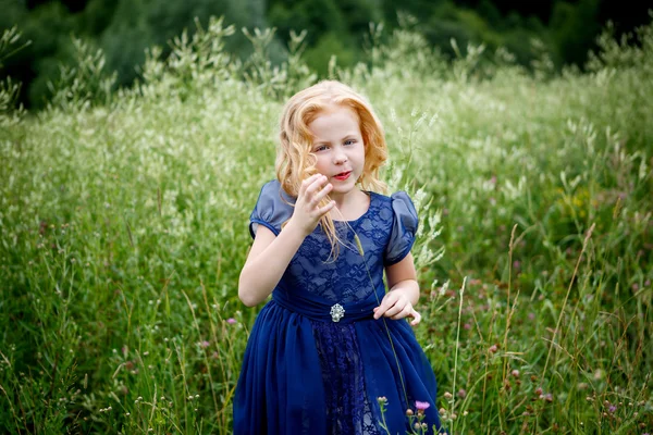 Portret van mooie meisje in de blauwe jurk — Stockfoto