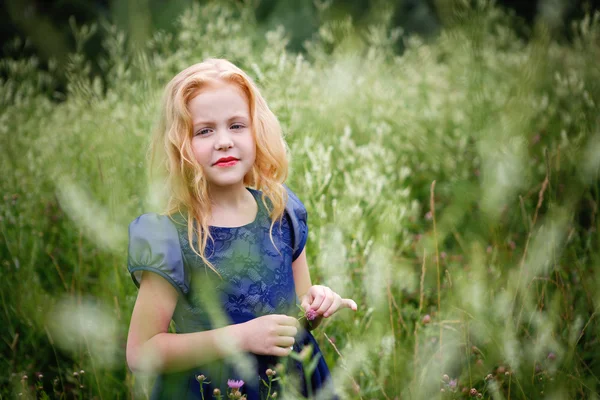 Mavi elbiseli güzel küçük kız portresi