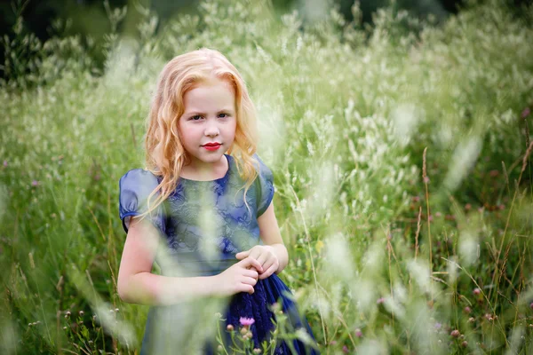 Portrait de belle petite fille dans la robe bleue — Photo