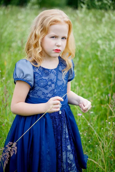 Portret van mooie meisje in de blauwe jurk — Stockfoto