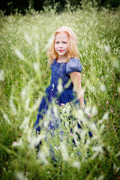 Retrato de menina bonita no vestido azul — Fotografia de Stock