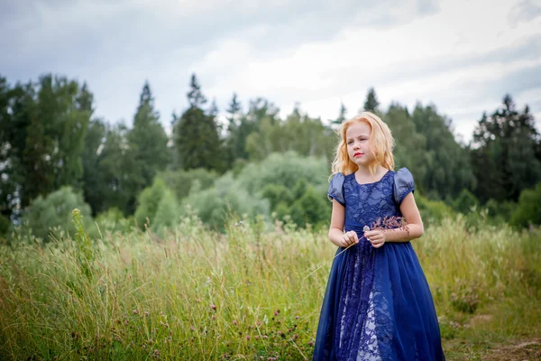 Porträtt av vacker liten flicka i blå klänning — Stockfoto