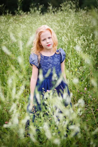 Portrait of beautiful little girl in the blue dress — Stock Photo, Image