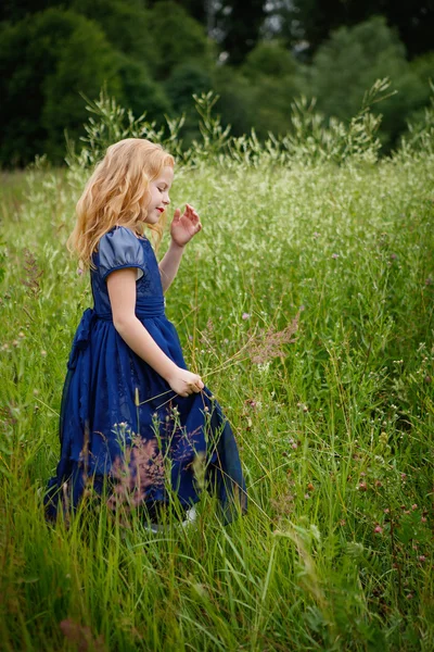 Mavi elbiseli güzel küçük kız portresi