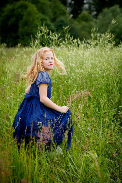 Portret van mooie meisje in de blauwe jurk — Stockfoto