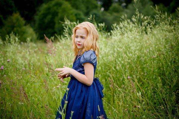 Portret van mooie meisje in de blauwe jurk — Stockfoto