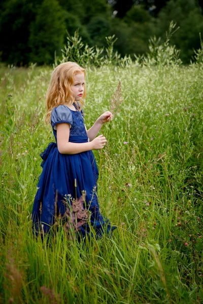 Mavi elbiseli güzel küçük kız portresi