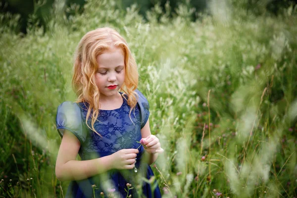 Portret van mooie meisje in de blauwe jurk — Stockfoto