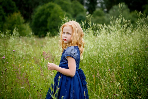 Portret van mooie meisje in de blauwe jurk — Stockfoto