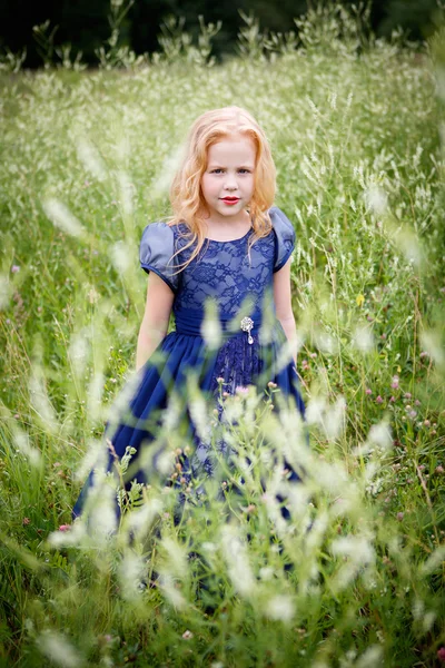 Mavi elbiseli güzel küçük kız portresi