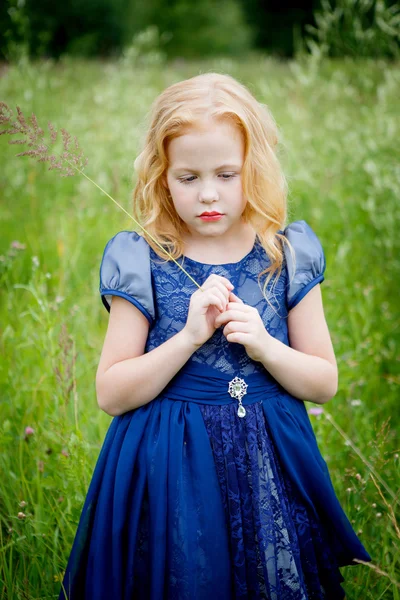 Portrait of beautiful little girl in the blue dress — Stock Photo, Image