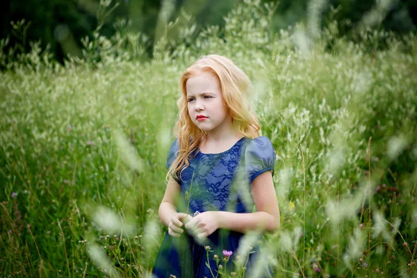 Portret van mooie meisje in de blauwe jurk — Stockfoto