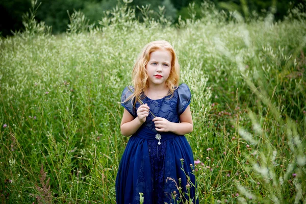 Portretul unei fetițe frumoase în rochia albastră — Fotografie, imagine de stoc