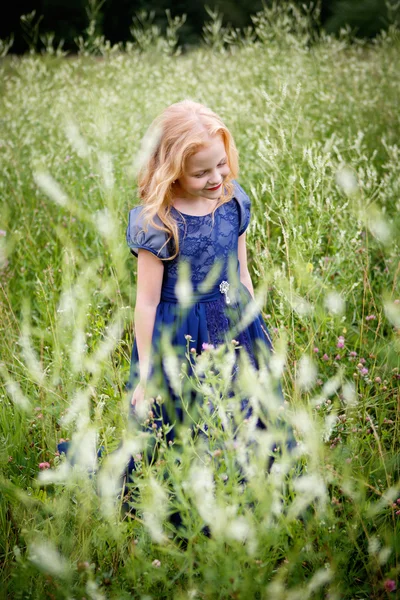 Porträt der schönen kleinen Mädchen im blauen Kleid — Stockfoto