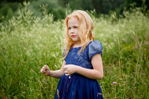 Portret van mooie meisje in de blauwe jurk — Stockfoto