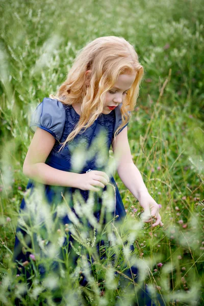 Retrato de hermosa niña en el vestido azul — Foto de Stock