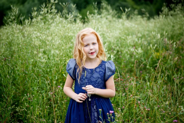 Portret van mooie meisje in de blauwe jurk — Stockfoto