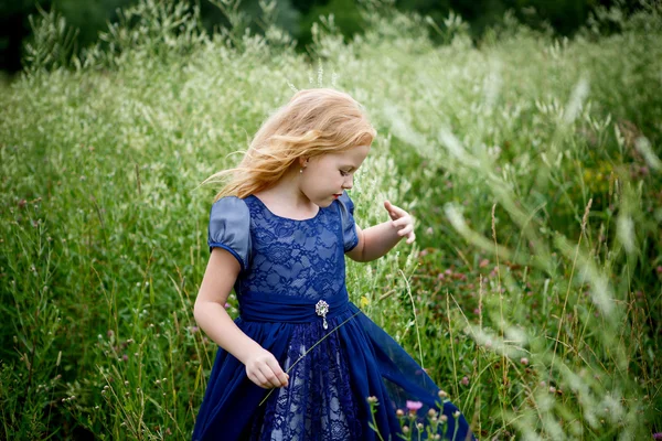 Portret van mooie meisje in de blauwe jurk — Stockfoto