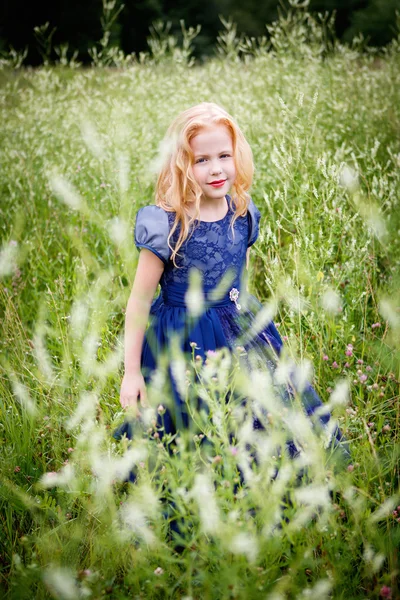 Portret van mooie meisje in de blauwe jurk — Stockfoto