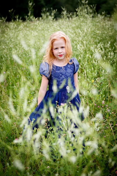 Mavi elbiseli güzel küçük kız portresi