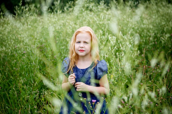 Portret van mooie meisje in de blauwe jurk — Stockfoto