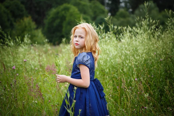 A kék ruha gyönyörű kislány portréja Stock Kép