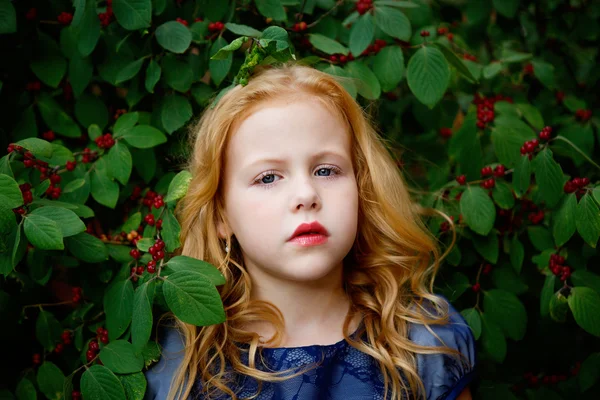 Porträtt av vacker liten flicka i en blå klänning — Stockfoto