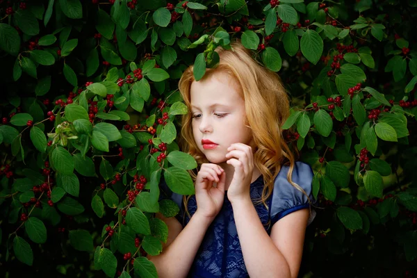 Porträtt av vacker liten flicka i en blå klänning — Stockfoto