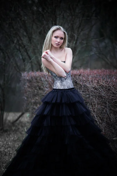 Gyönyörű lány, fekete ruhás portréja Stock Kép