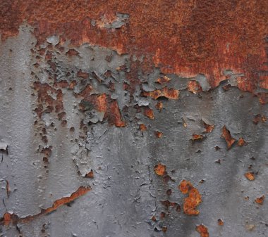 Metal kabın üzerindeki gri boya paslı yüzeyi ortaya çıkarıyor. Yakın çekim..