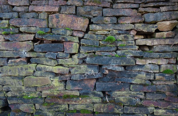 Παλιά Στοιβάζονται Επίπεδες Πέτρες Τοίχο Πράσινα Βρύα Και Ιστούς Αράχνης — Φωτογραφία Αρχείου