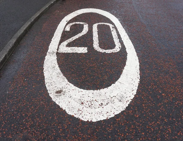 White Mph Speed Limit Road Sign Spray Painted Directly Road — Stock Photo, Image