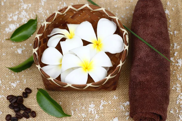 Flor sobre fondo de madera con bodegón spa — Foto de Stock