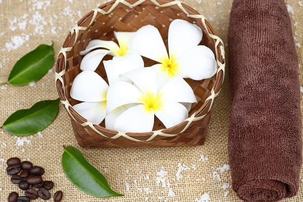 Flor sobre fondo de madera con bodegón spa — Foto de Stock