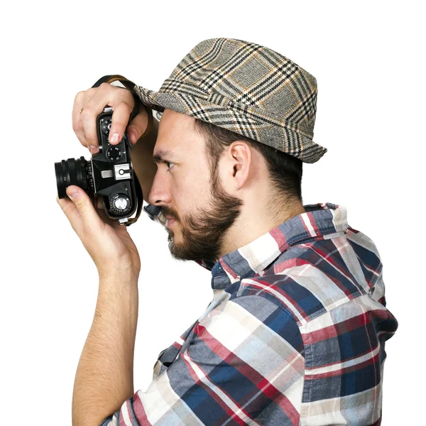 Photographer taking photo with retro camera isolated on white ba — Stock Photo, Image