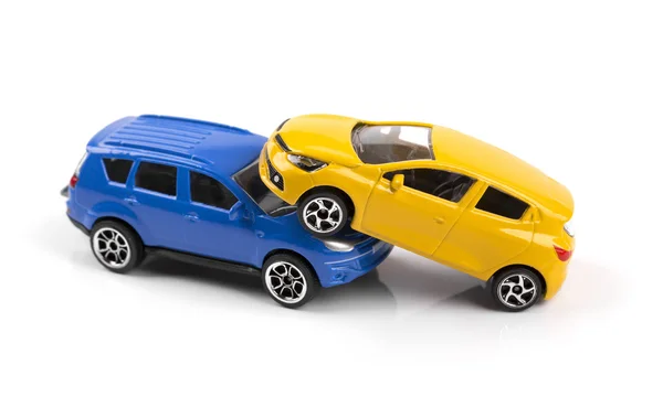 Car accident concept, two toy cars isolated on white — Stock Photo, Image