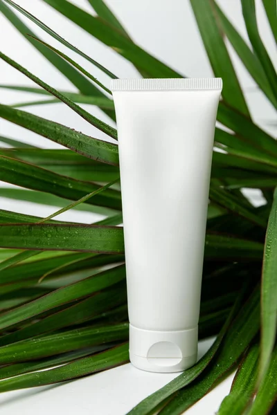 Body Skin Cream Tube Natte Groene Palmbladeren Witte Achtergrond Blanco — Stockfoto