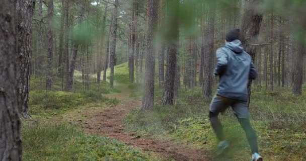 アウトドアワークアウト 森の小道を走る男 スローモーションスライダーショット — ストック動画