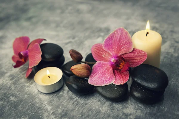 Spa Und Wellness Orchideenblumen Mit Massagesteinen Und Kerzen Auf Felshintergrund — Stockfoto
