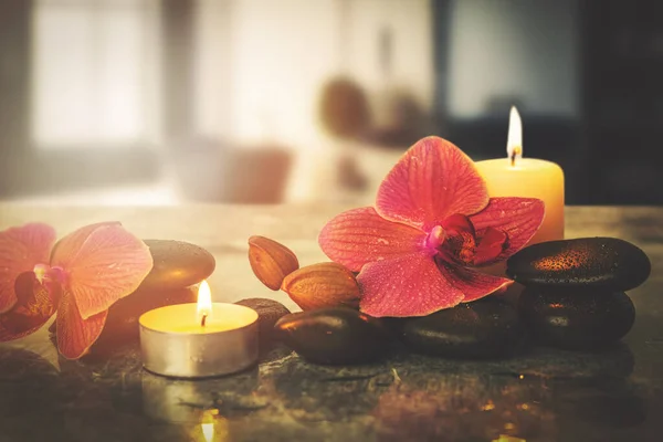 Beauty Treatment Wellness Background Massage Stones Orchid Flowers Burning Candles — Stock Photo, Image