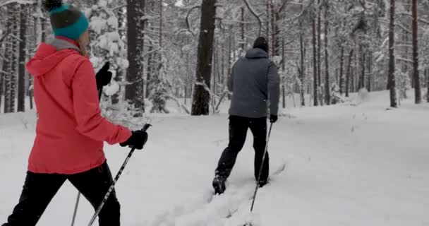 Ski Touren Diepe Verse Sneeuw Jong Stel Skiën Besneeuwd Winterbos — Stockvideo