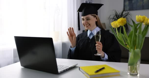 Online Graduation Celebration Happy Woman Using Laptop Drinking Champagne Together — Stock Video