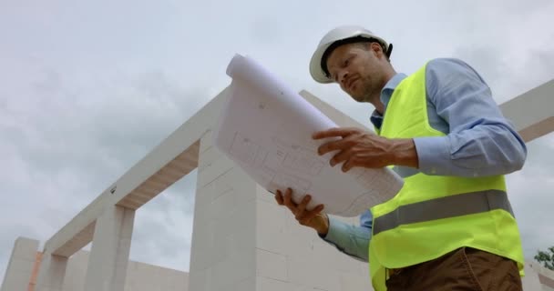 Architect Working Blueprints Construction Site Project Control Supervision — Stock Video