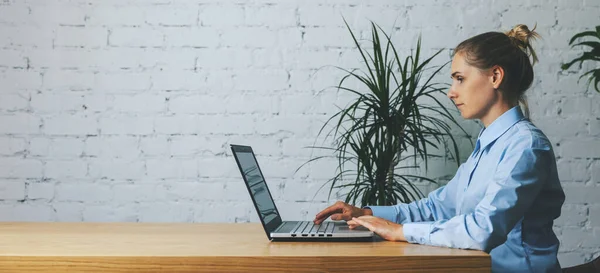 Zakenvrouw Werken Laptop Modern Kantoor Tegen Witte Bakstenen Muur Achtergrond — Stockfoto