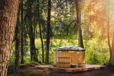 wood fired hot tub in the forest clipart