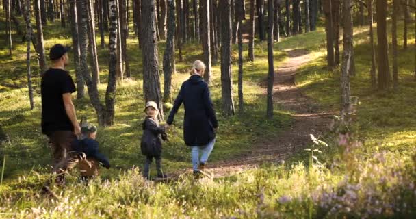 Familie Met Kinderen Wandelen Samen Park Hand Hand — Stockvideo