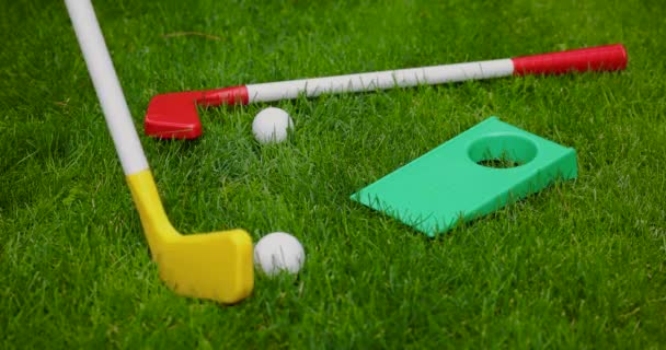 Игрушечный Гольф Попадание Мяча Отверстие Пластиковой Клюшкой Гольфа Сад Игры — стоковое видео