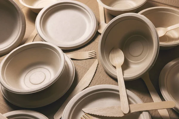 環境に優しい使い捨て食器 再生紙皿や木のカトラリー — ストック写真