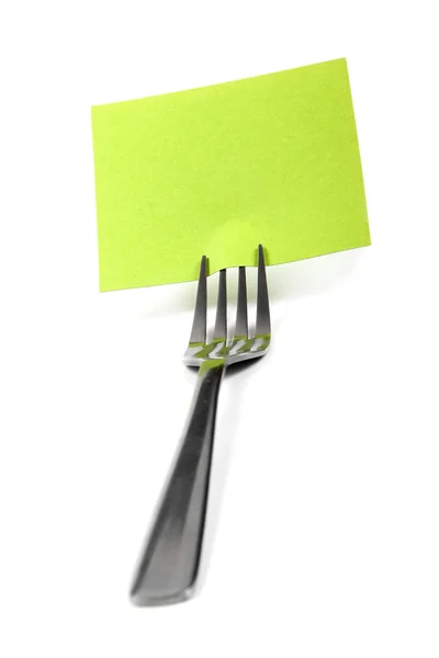 Fork with blank paper card isolated on white — Stock Photo, Image