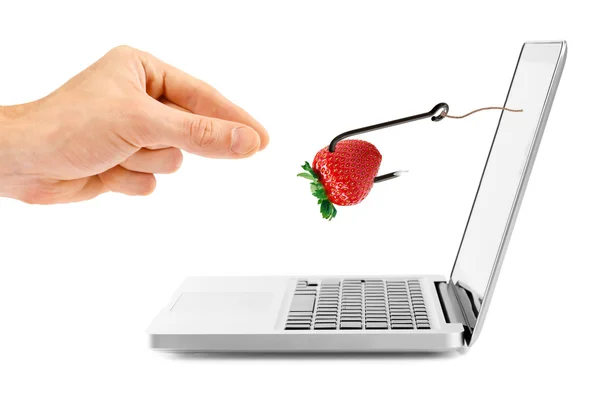 Internet fraud concept. hook with bait through laptop screen — Stock Photo, Image